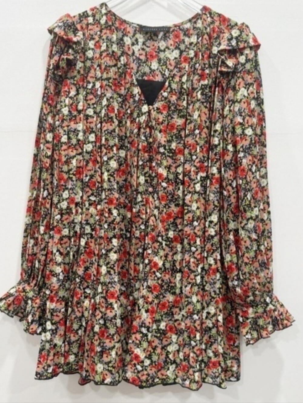 Endless Rose Floral Print Pleated Long Sleeve Romper Medium Ruffle Sleeve